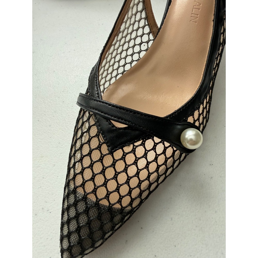 Zormaalin Black Fishnet Mesh Pearl Slingback Kitten Heels Pointed Toe Pumps 245